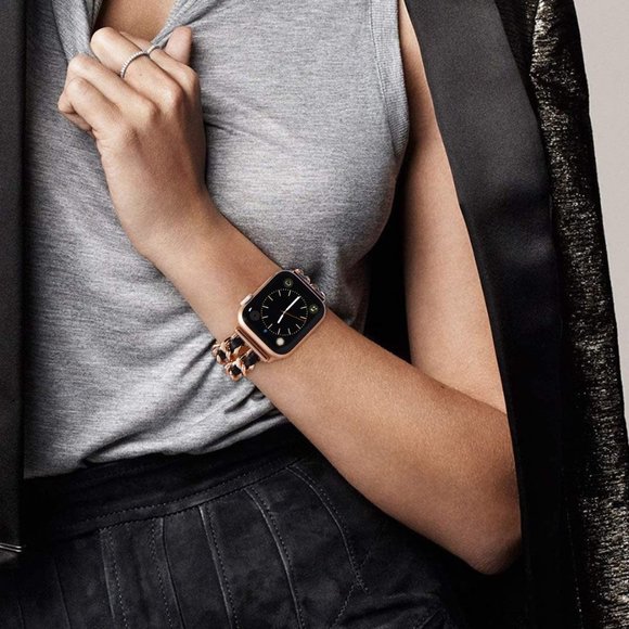 NEW Strap Chain Leather Stainless Band For Apple Watch - PB - Picture 5 of 11